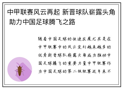 中甲联赛风云再起 新晋球队崭露头角 助力中国足球腾飞之路