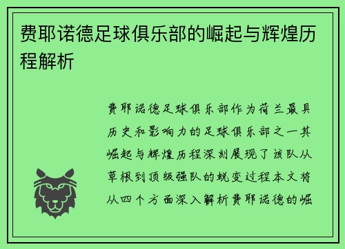 费耶诺德足球俱乐部的崛起与辉煌历程解析