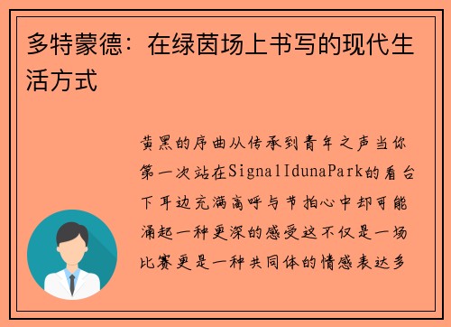 多特蒙德：在绿茵场上书写的现代生活方式