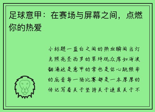 足球意甲：在赛场与屏幕之间，点燃你的热爱
