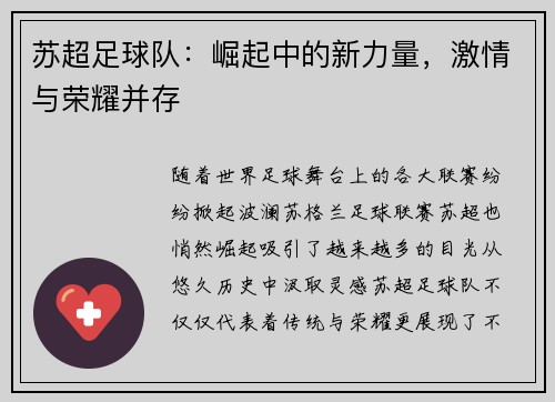 苏超足球队：崛起中的新力量，激情与荣耀并存